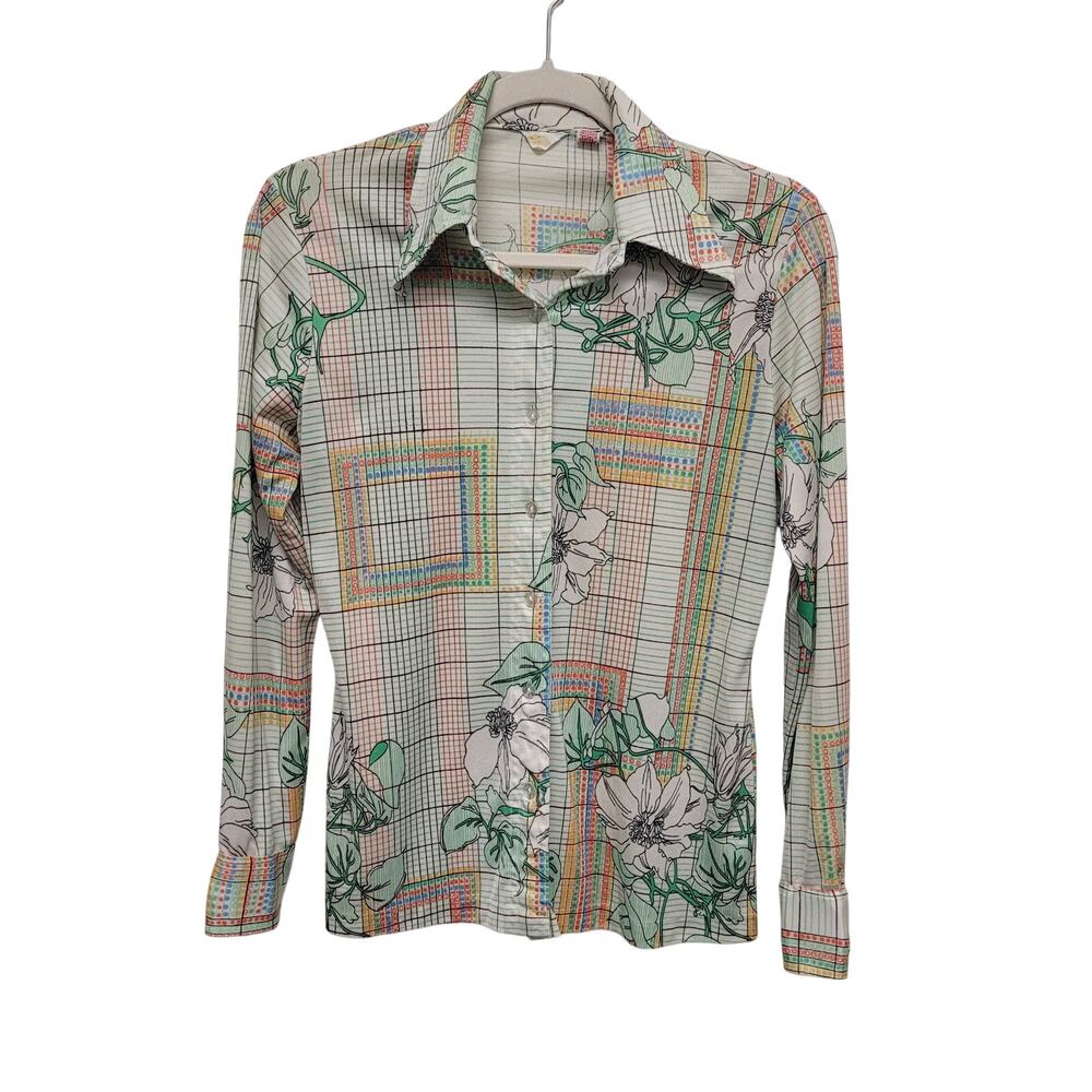 Tarri Vintage Windowpane Floral Disco Blouse Top Cottagecore Shirt Retro 70's